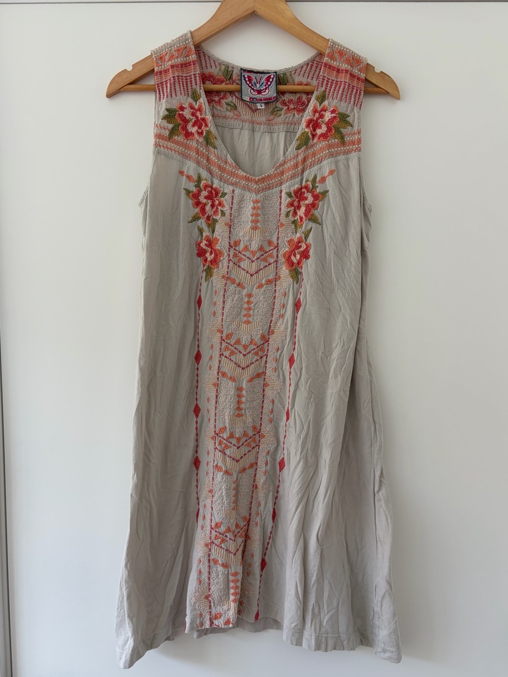 Johnny Was Sleeveless Cotton Embroidered Dress in Beige Small